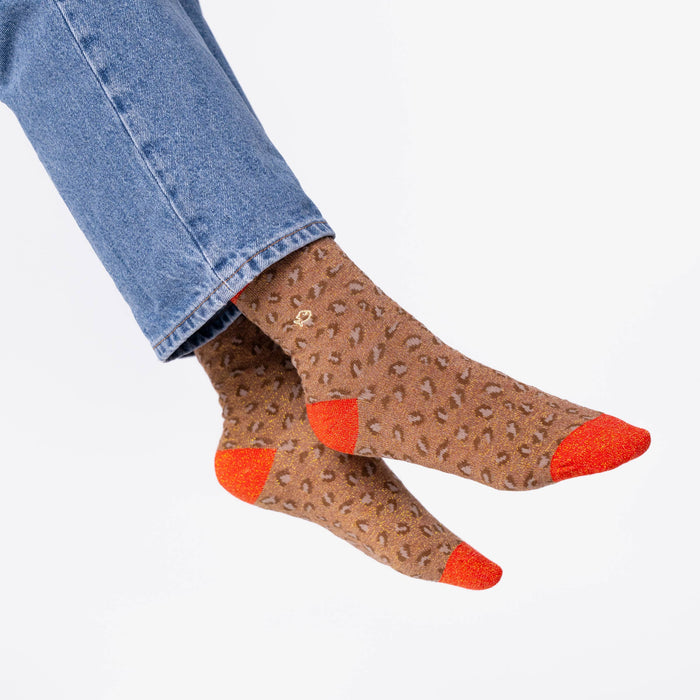 Calzini in cotone pettinato Leopardo Marrone e arancione