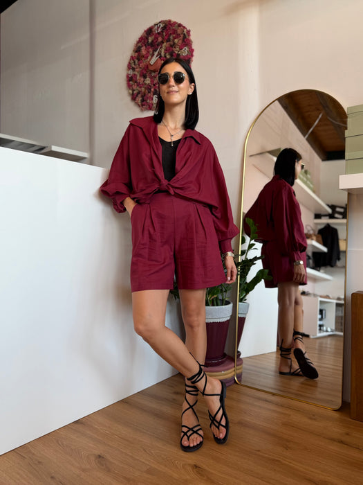 SHORTS MISTO LINO CON PIEGHE E CINTURA