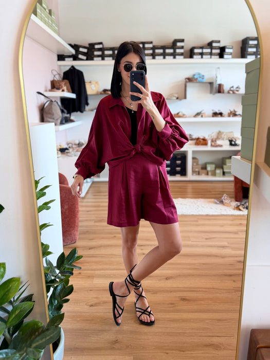 SHORTS MISTO LINO CON PIEGHE E CINTURA